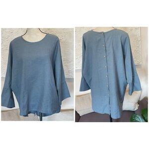 Yuvita Women’s Linen Blouse Button Back Blue 3/4 Sleeve Lagenlook Sz M